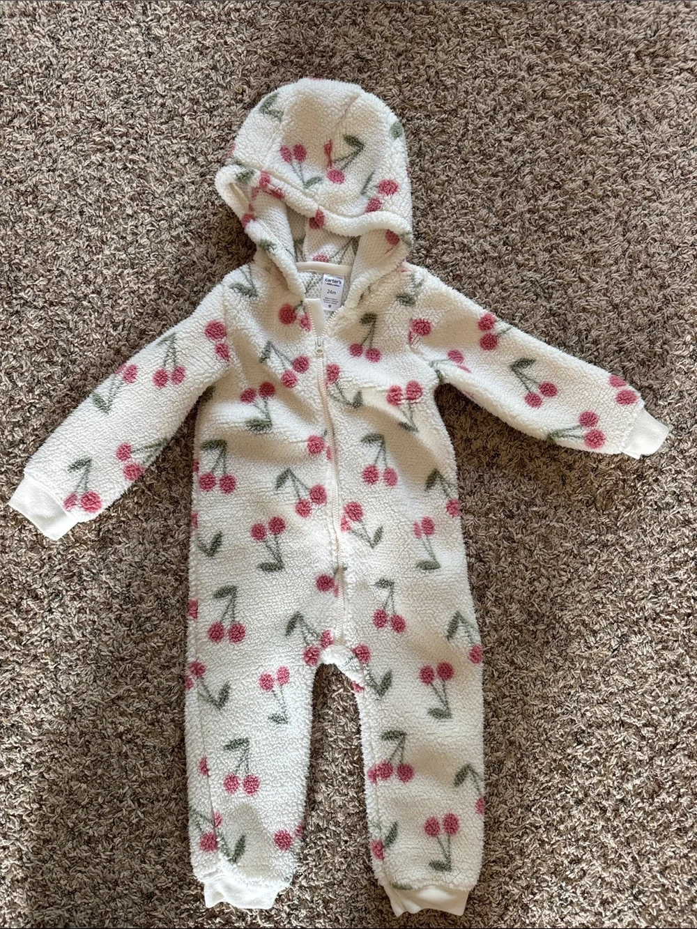 Carter's Plush Hooded One-Piece Rompers in Pink and Cream Cherry Print